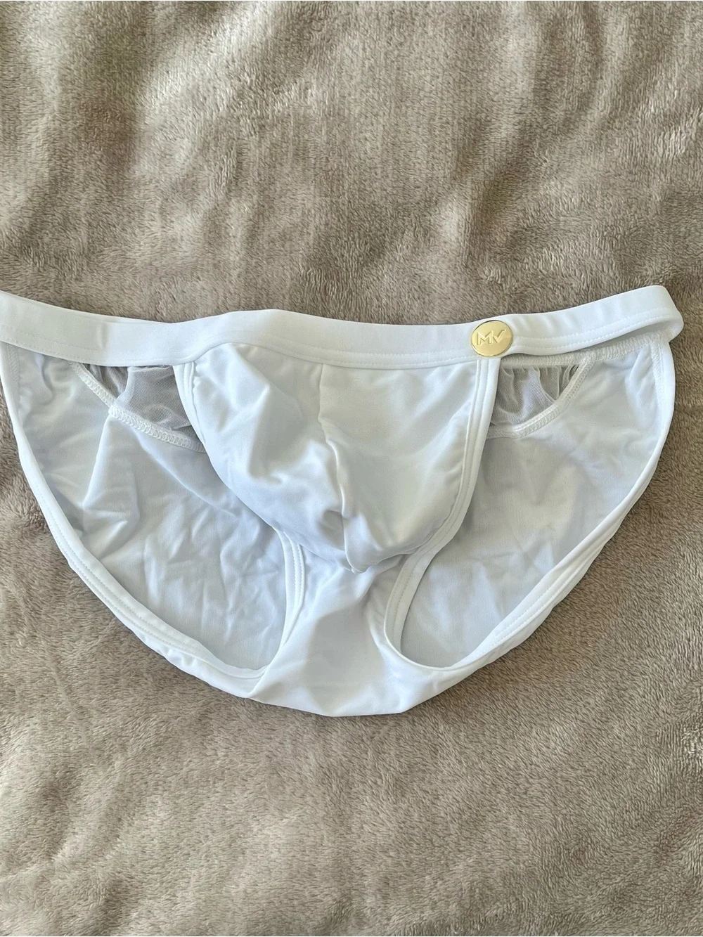 Men's White Low-Rise Tanga Swim Brief, Large, Peek-a-boo mesh panel on back, NWT